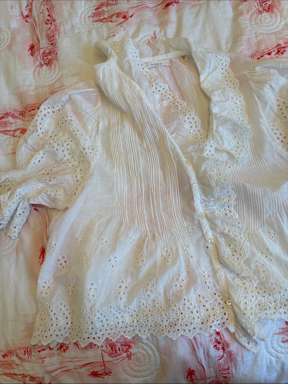 Doen Cream Eyelet Ruffle Button-Front Blouse - Picture 8 of 16